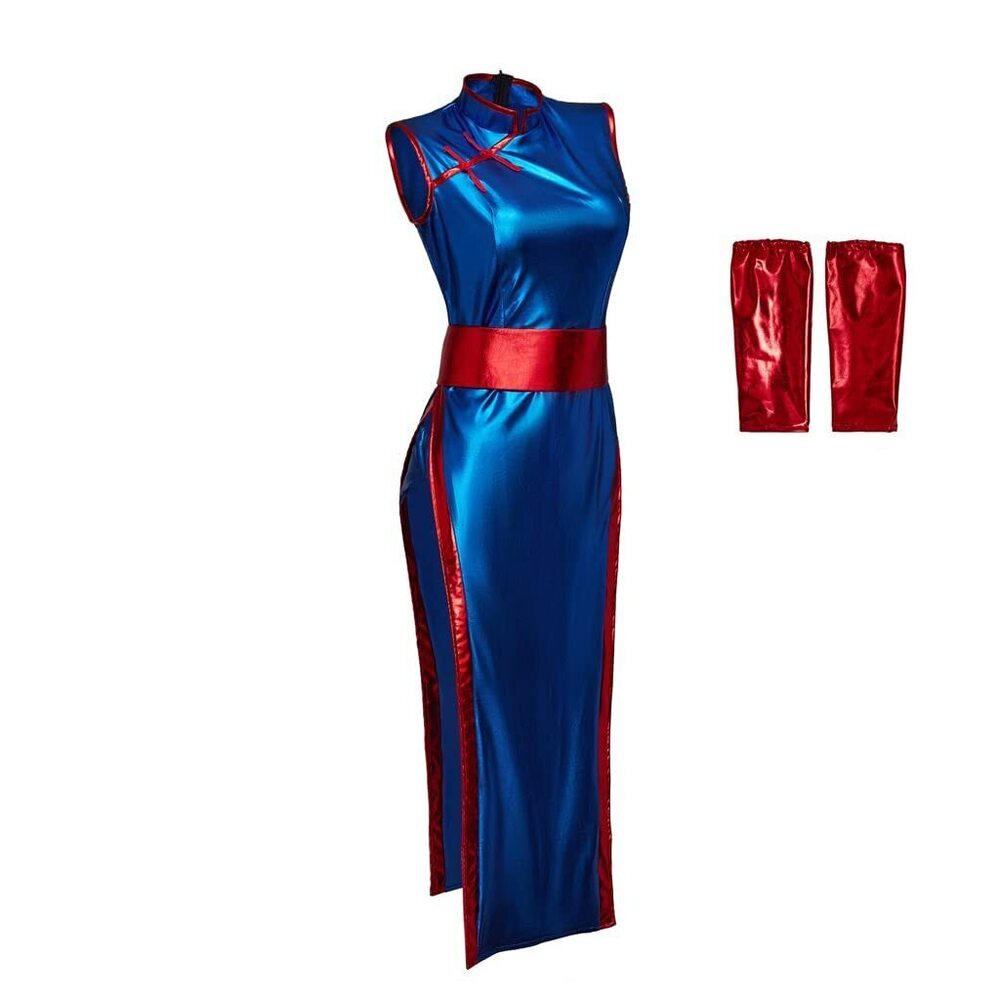 7085 Chi Chi Cosplay Costume Cheongsam Sexy Blue Dress Halloween Suit XXL